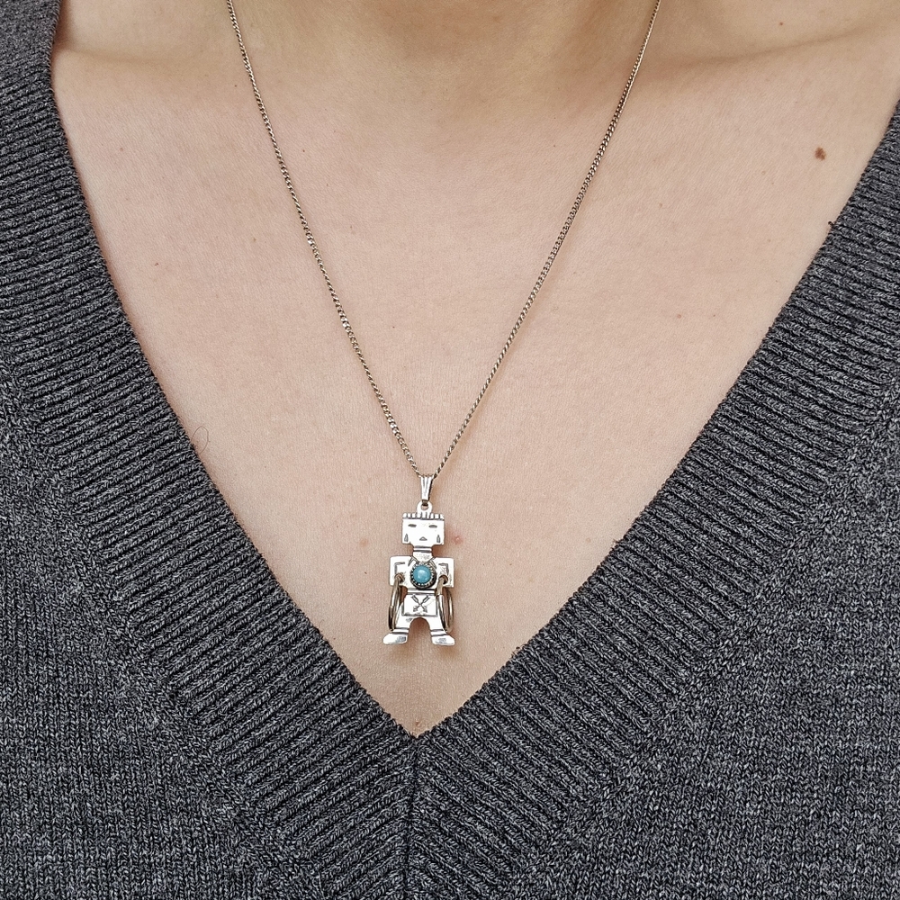 Vintage 925 Sterling Silver Navajo Native American Turquoise Tribal Man Necklace - Picture 13 of 15